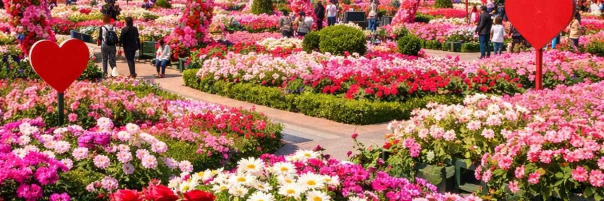 Vibrant flower garden with heart-shaped arches and red heart cutouts in a plaza.
