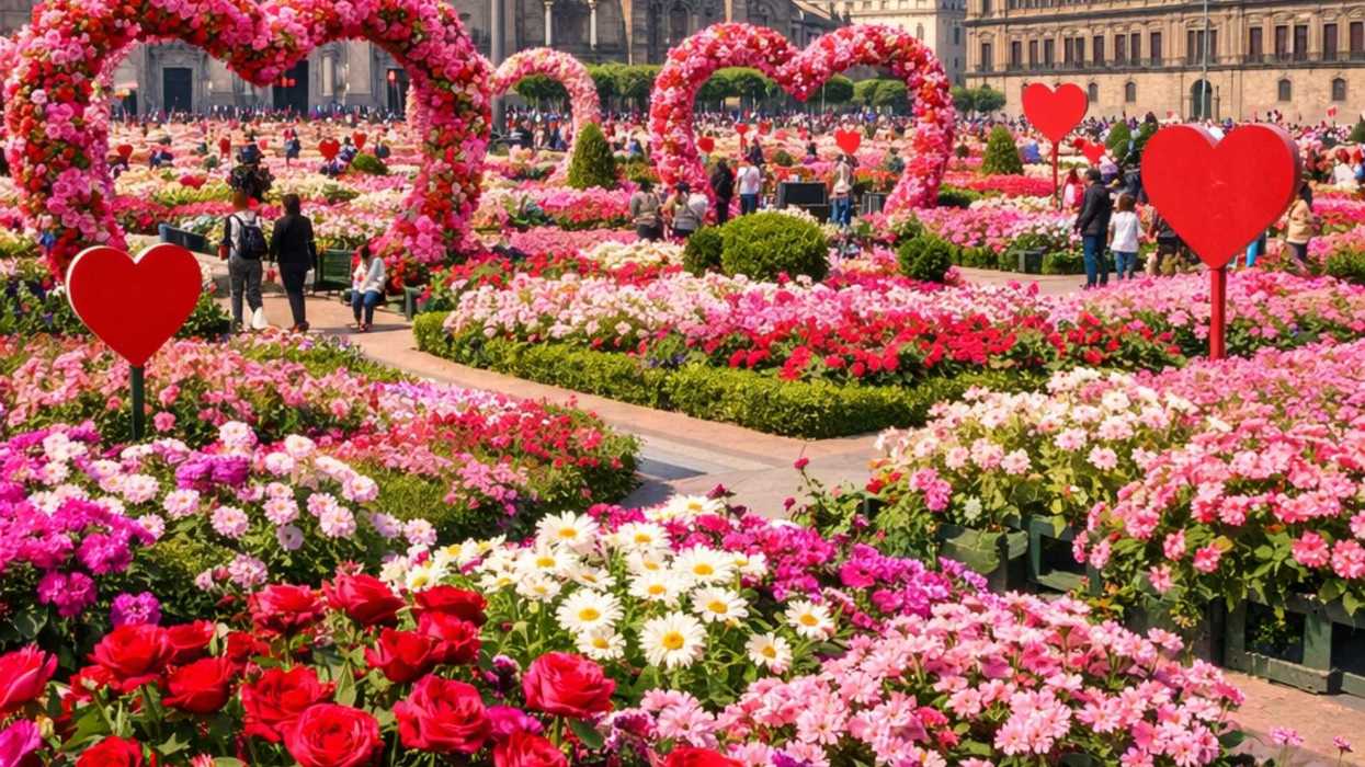Vibrant flower garden with heart-shaped arches and red heart cutouts in a plaza.