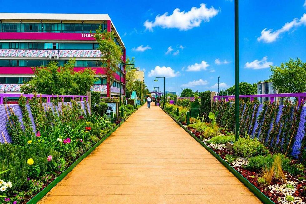 Vibrant garden pathway with purple accents alongside a building under a blue sky.