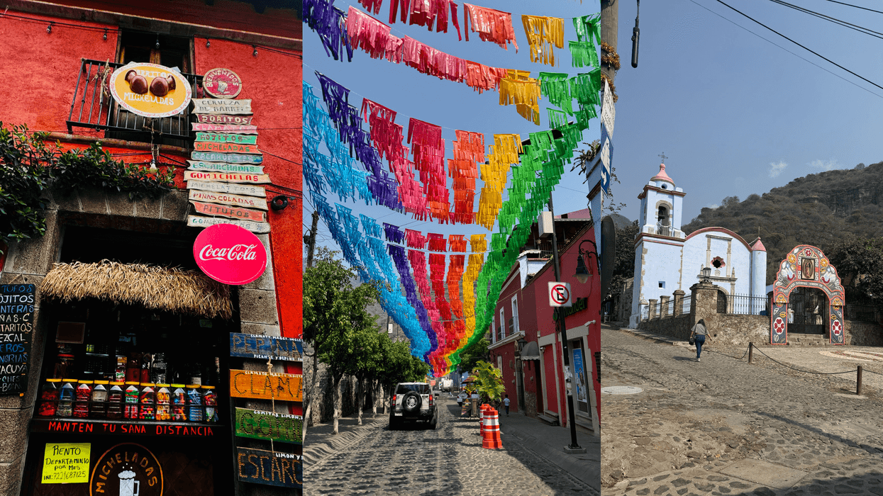 Vibrant Mexican street scenes: a colorful shop, festive banners, and a charming church.