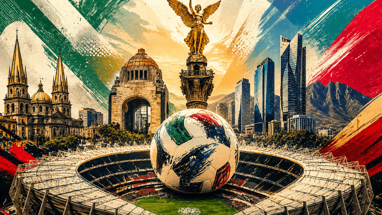 Vibrant montage of Mexican landmarks with a football in a stadium.