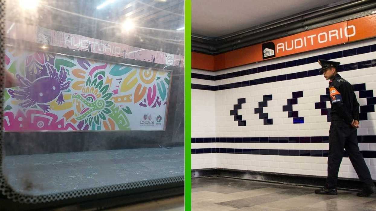 Vibrant mural and police officer in "AUDITORIO" subway station.