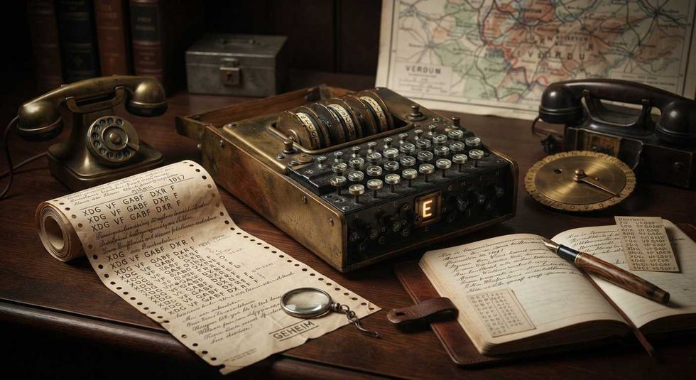 Vintage cipher machine on desk with papers, telephones, and a map.