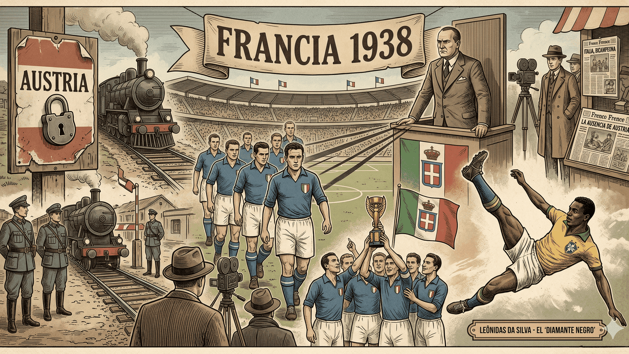 Vintage illustration of the 1938 World Cup in France with Italian team and Brazilian player.