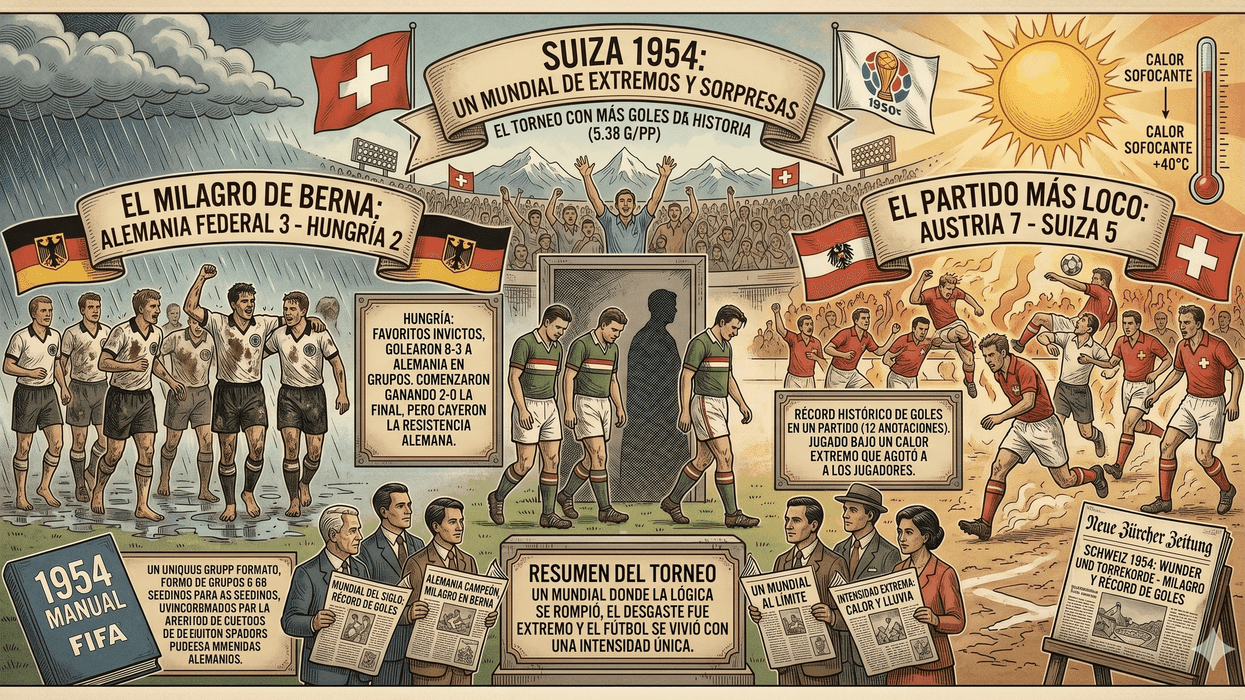 Vintage illustration of the 1954 FIFA World Cup in Switzerland highlights key matches.