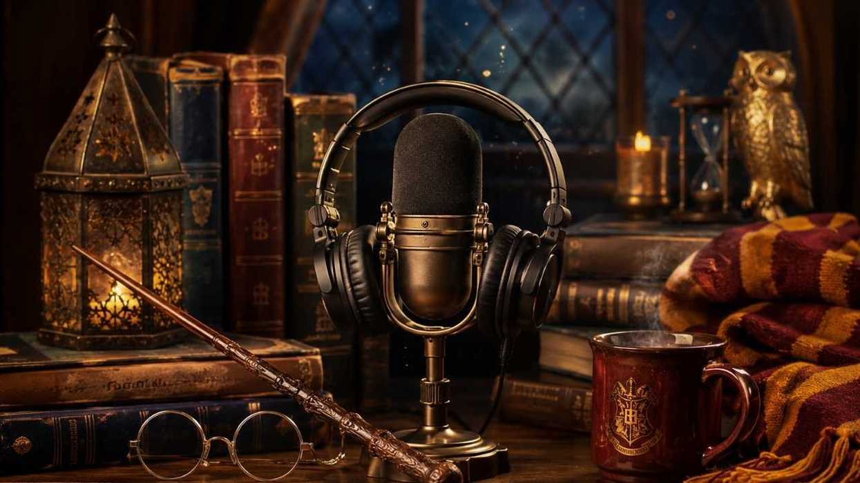 Vintage microphone with books, wand, glasses, candle, and owl in a cozy, magical setting.