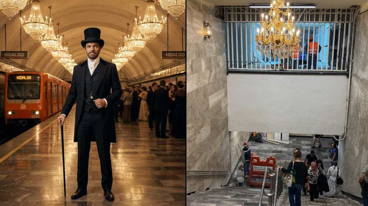 Vintage outfit in ornate subway vs. plain stairwell with chandelier.