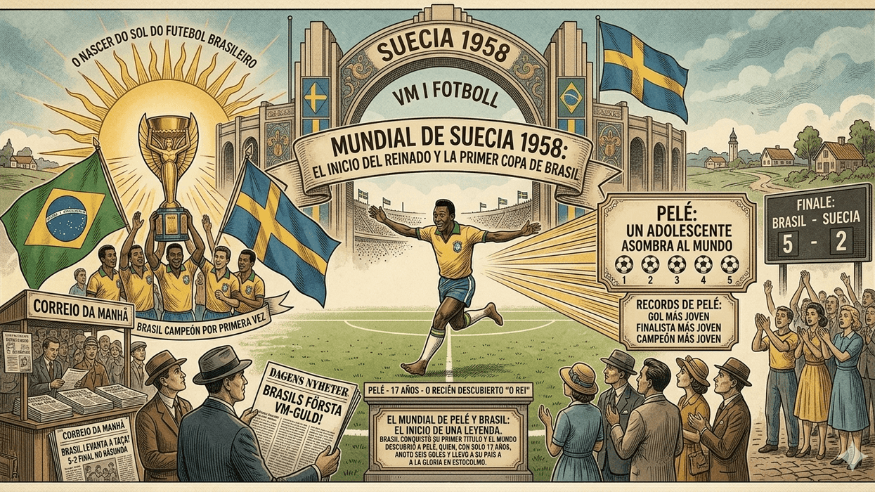Vintage poster celebrating Brazil's 1958 World Cup victory in Sweden.
