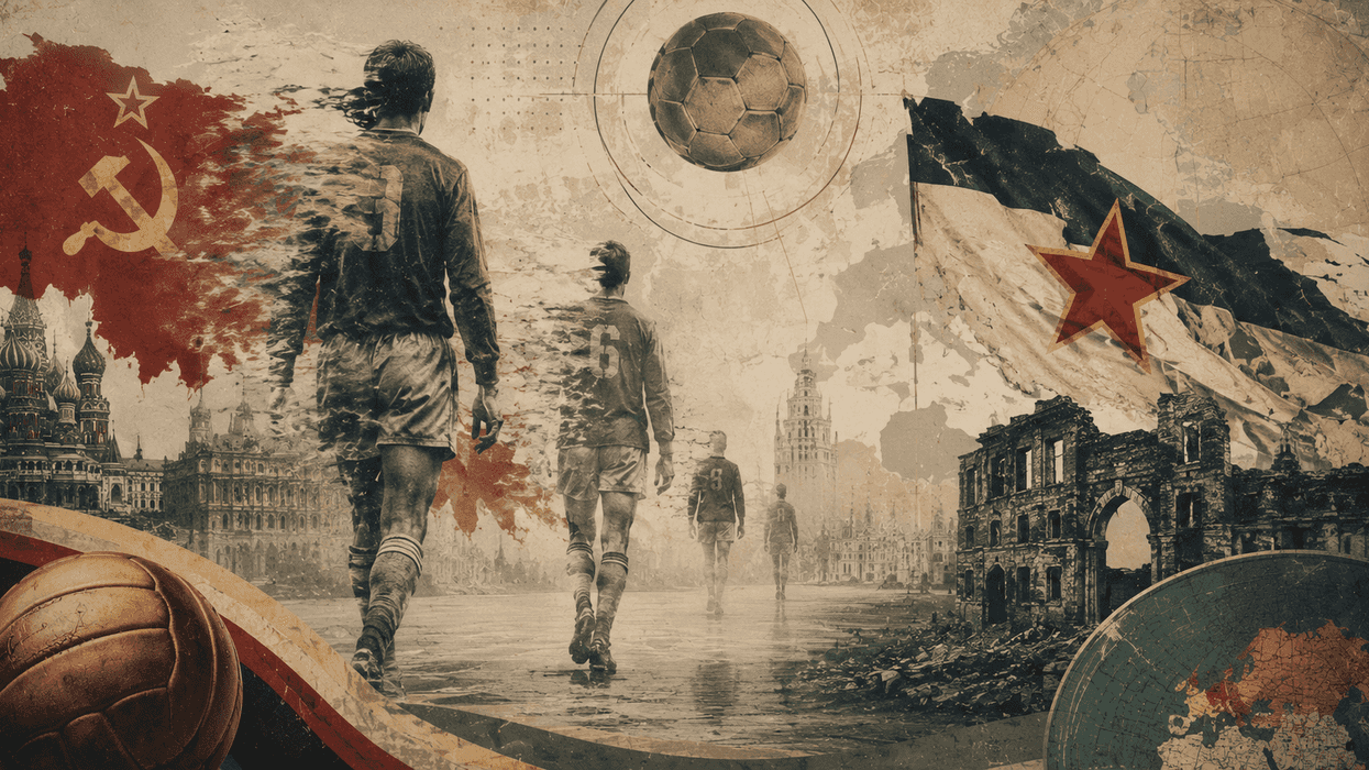 Vintage soccer scene with Soviet symbols and a tattered flag, merging sports and history.