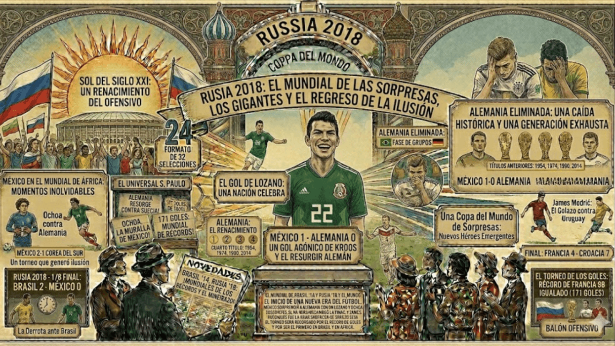 Vintage-style collage celebrating Russia 2018 World Cup surprises and historic moments.