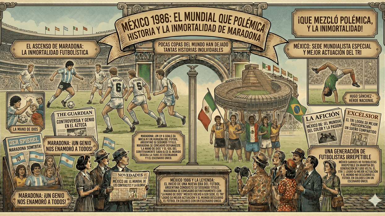 Vintage-style illustration of Mexico 1986 World Cup highlights.