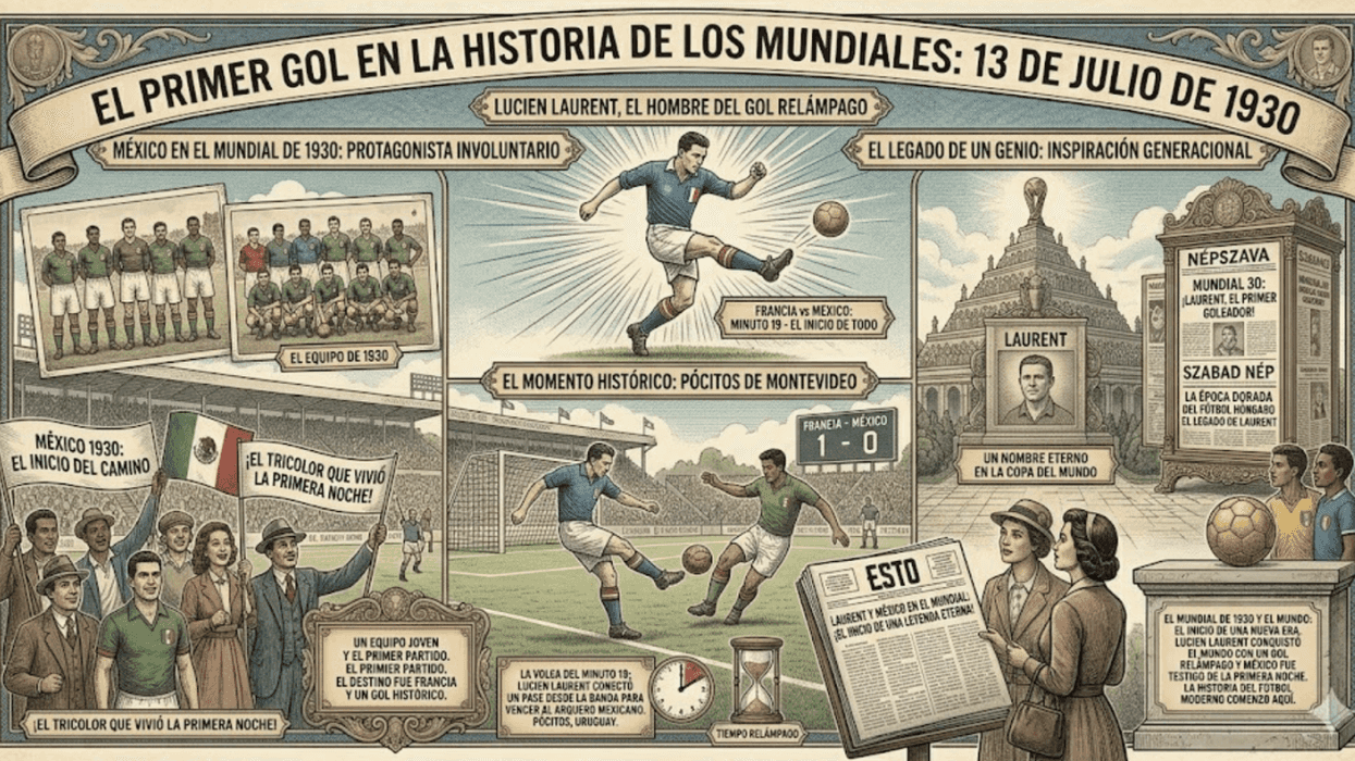 Vintage-style illustration of the first World Cup goal on July 13, 1930, by Lucien Laurent.