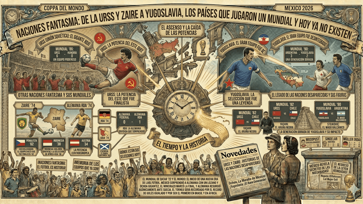 Vintage-style infographic about defunct national football teams and their World Cup history.