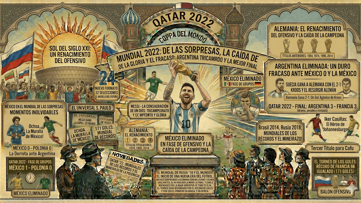 Vintage-style poster celebrating the 2022 Qatar World Cup highlights and moments.