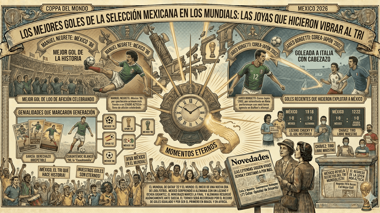 Vintage-style poster of Mexico's greatest World Cup goals with player illustrations.