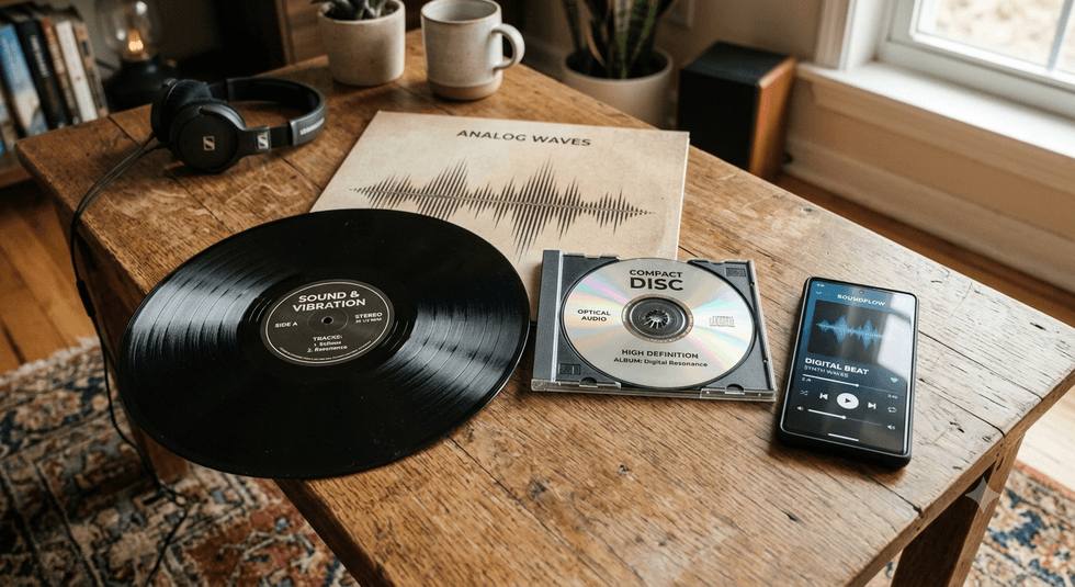 Vinyl, CD, smartphone, and headphones on a wooden table by a window.