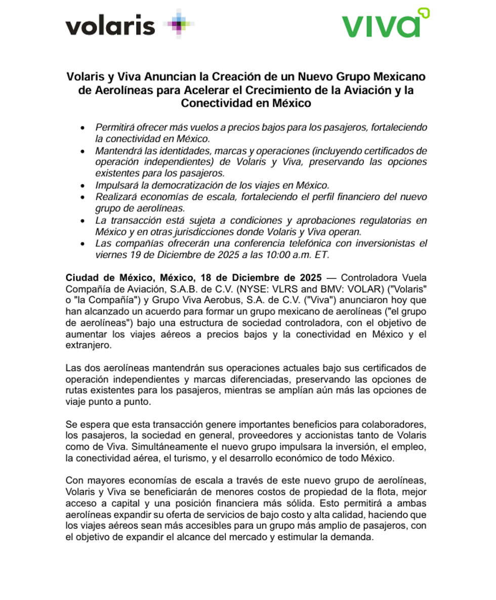 Volaris and Viva announce a new Mexican airline group to boost aviation and connectivity in Mexico.