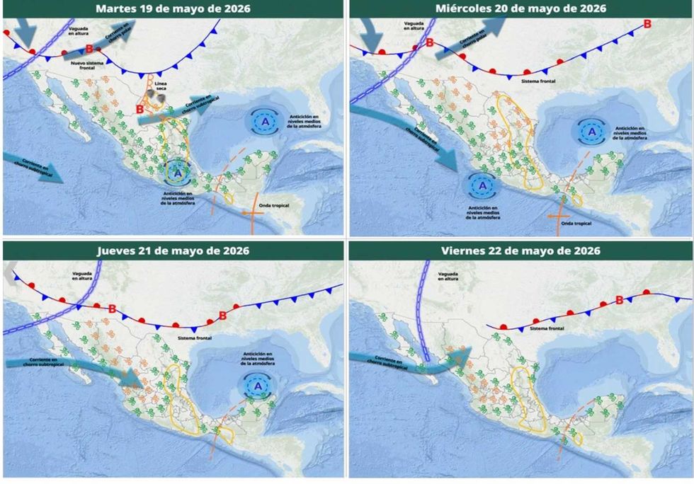 Weather forecast maps for Central America, May 19-22, 2026, showing fronts and pressures.