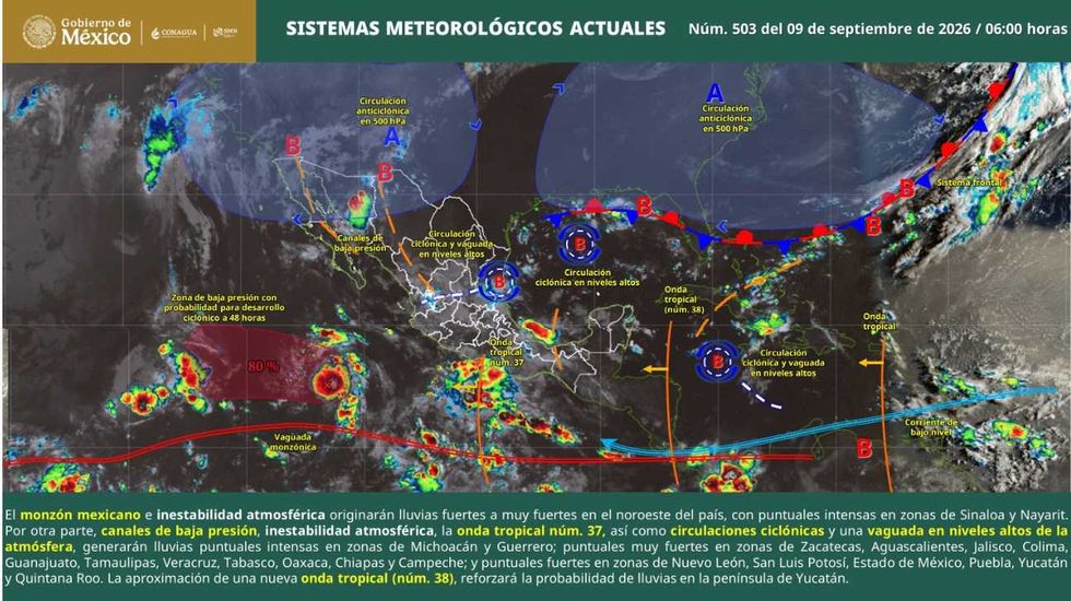 Weather map of Mexico showing current meteorological systems, dated September 9, 2026.