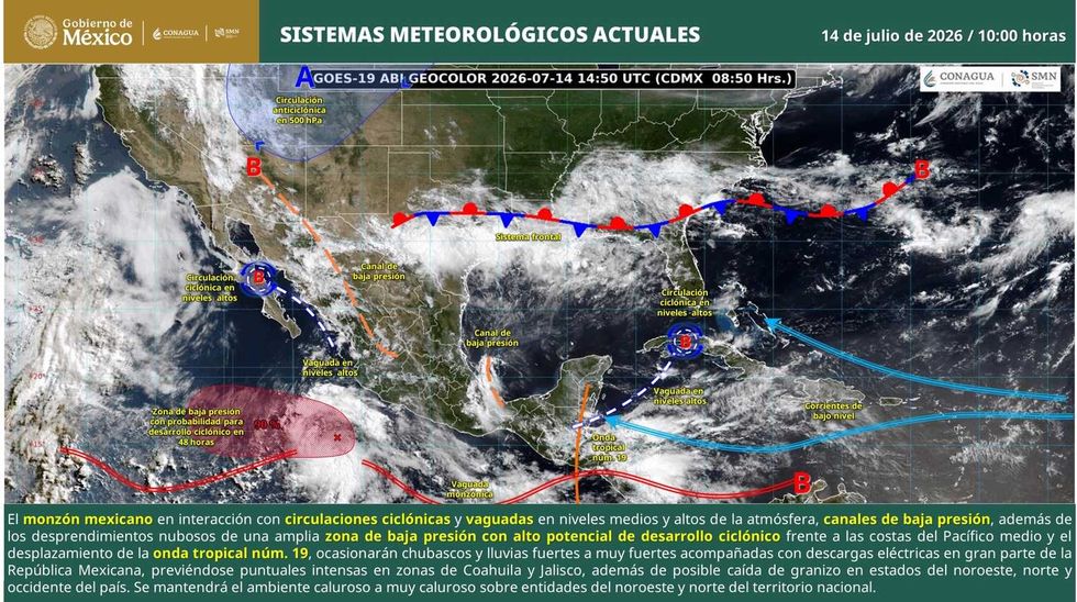 Weather map showing cyclonic circulations and low-pressure zones in Mexico, July 14, 2026.