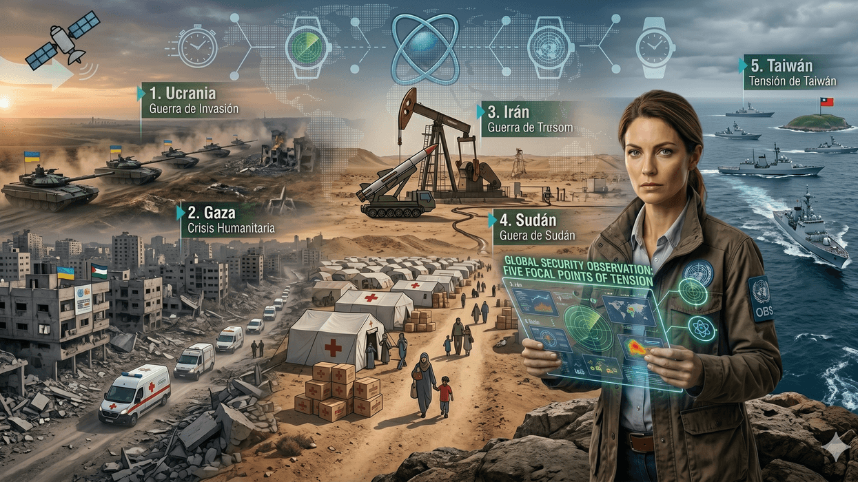 Woman analyzing global conflict zones on a digital screen, with scenes of war and diplomacy.