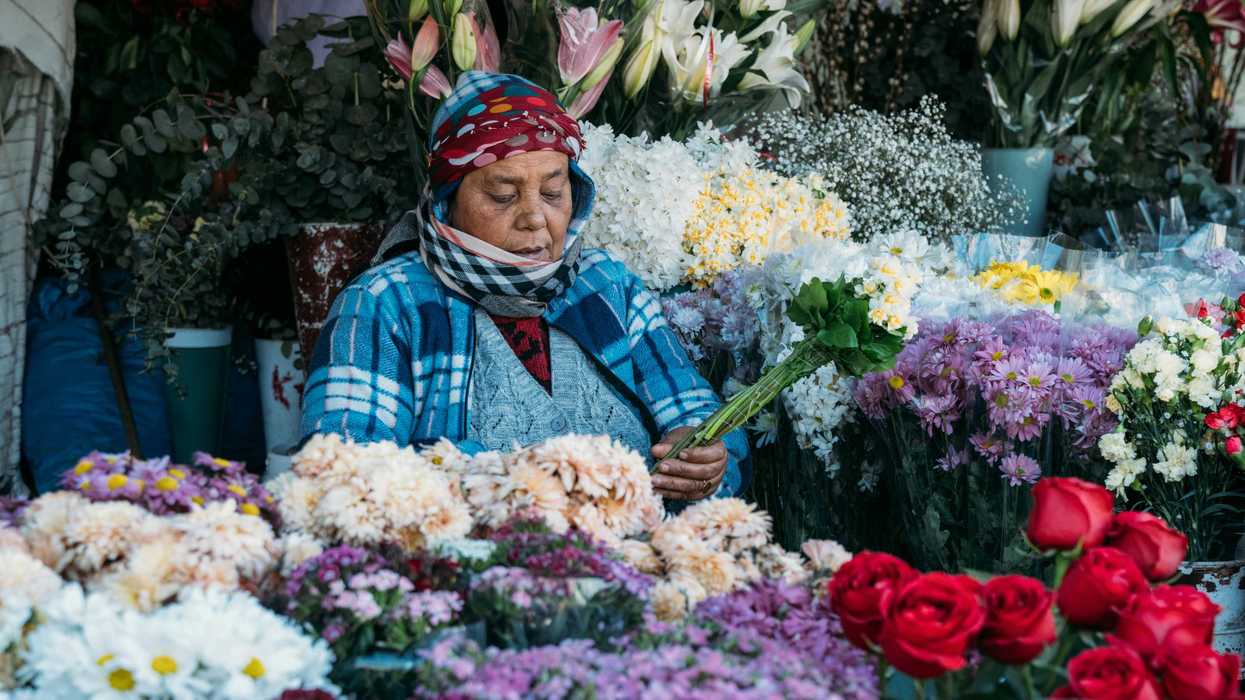 Woman arranging flowers at a vibrant market stall, surrounded by colorful blooms.