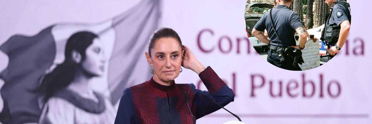 Woman at podium with Mexican emblem, inset of two police officers talking.
