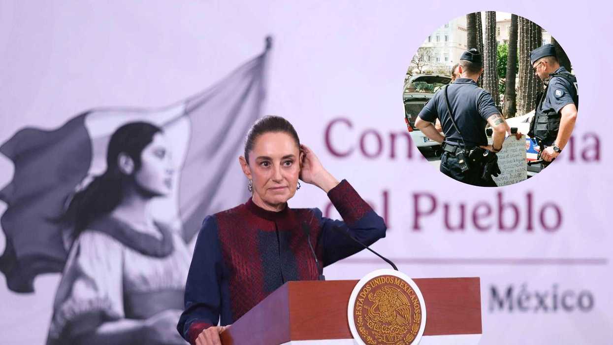 Woman at podium with Mexican emblem, inset of two police officers talking.