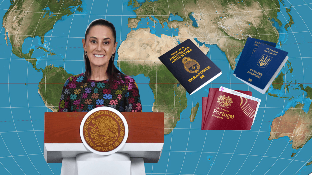 Woman at podium with world map and passports in background.