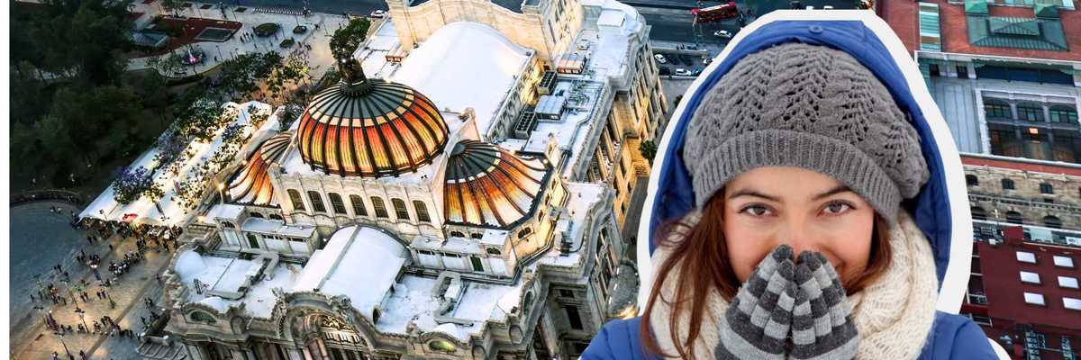 Woman bundled in winter clothes over aerial view of ornate building.