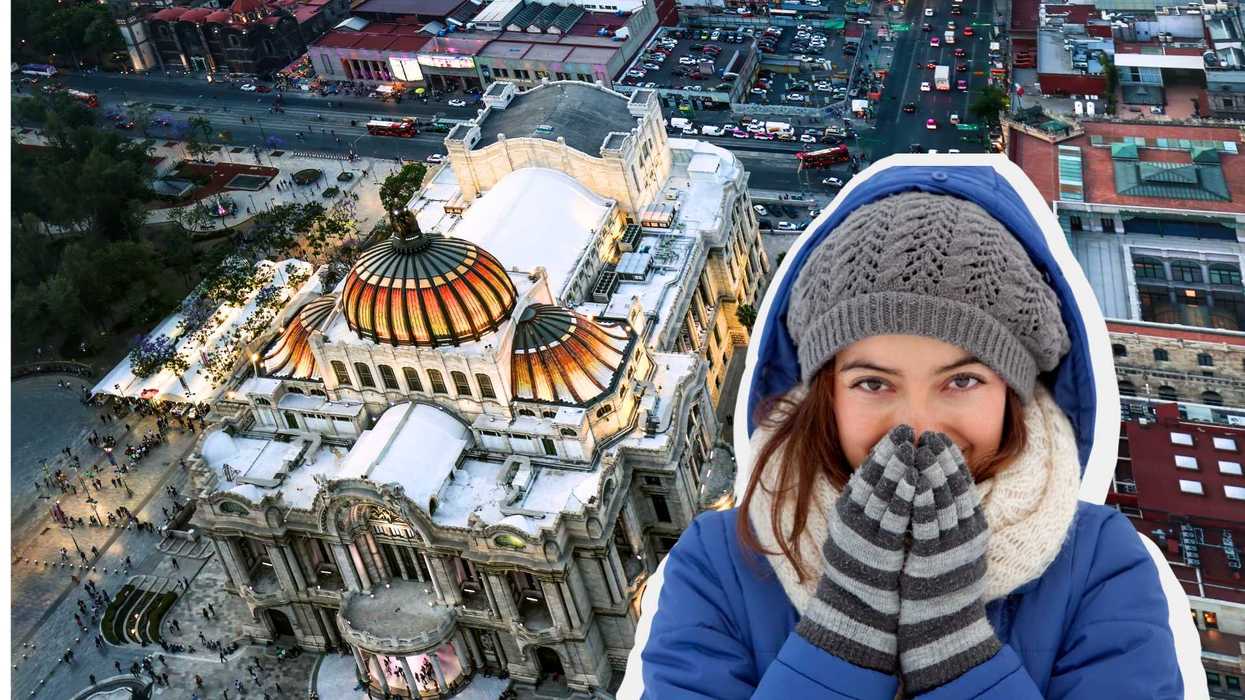 Woman bundled in winter clothes over aerial view of ornate building.