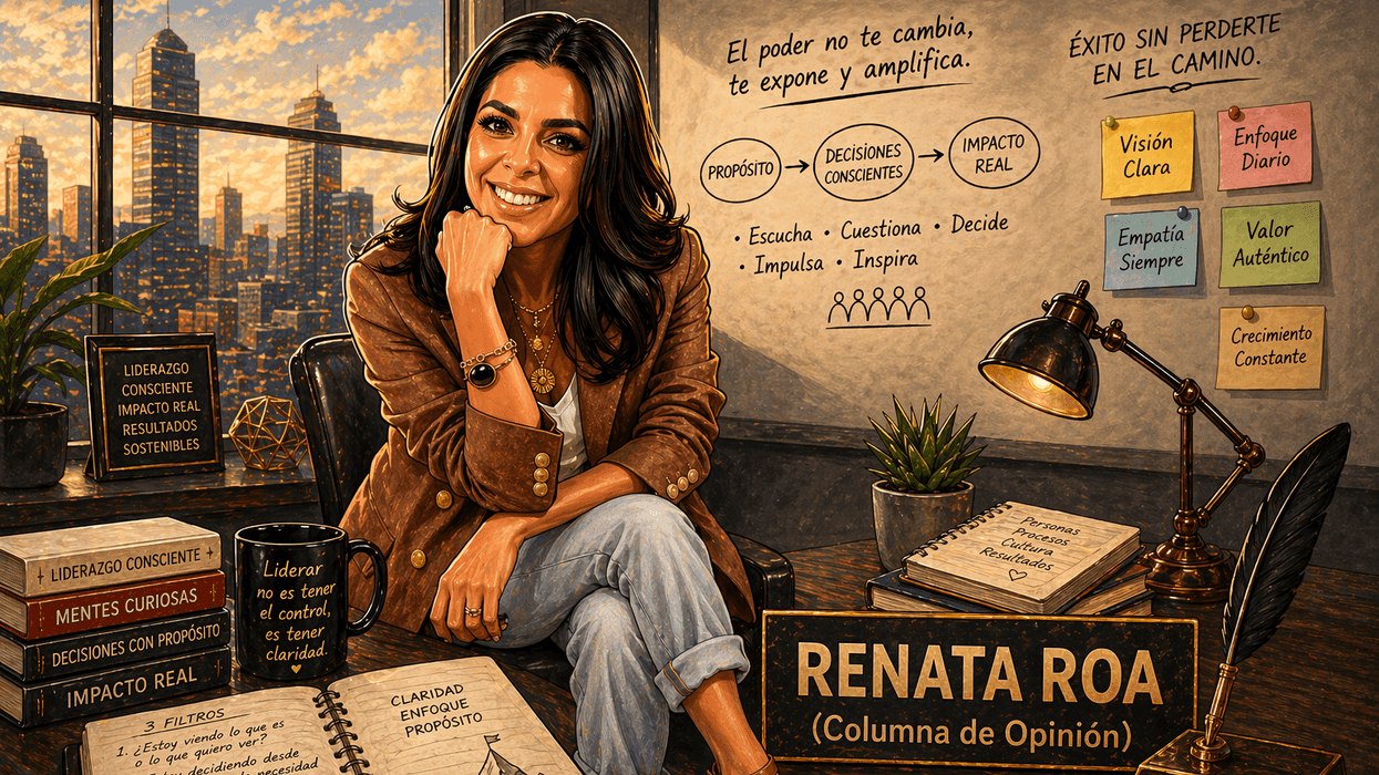 Woman in office with books, notes, and motivation quotes on the wall; urban skyline view.