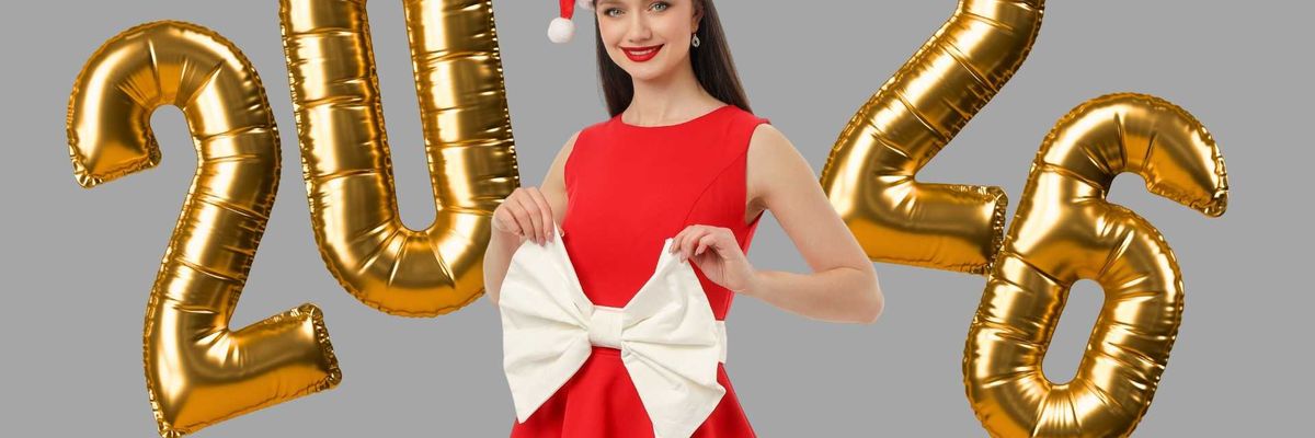 Woman in Santa hat with gold 2026 balloons on gray background.