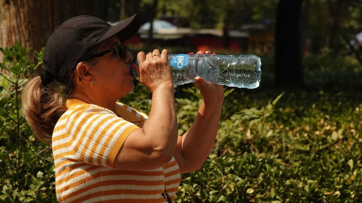 Woman in striped shirt drinking water outdoors near greenery.