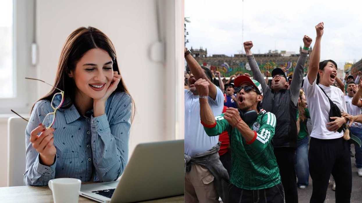 Woman smiling at laptop; crowd cheering outdoors.