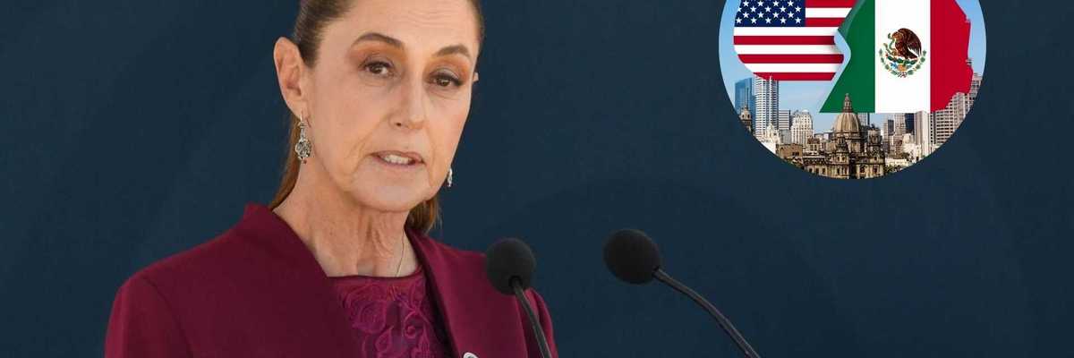 Woman speaking at podium, USA-Mexico flags and cityscape in background.