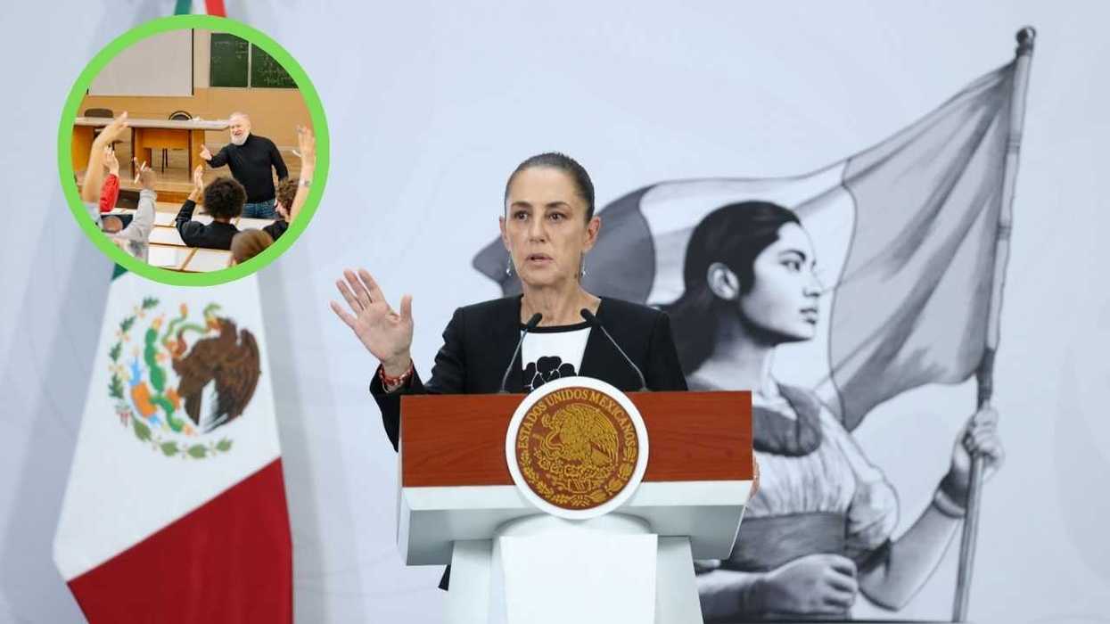 Woman speaking at podium with Mexican flag, inset shows classroom with teacher and students.