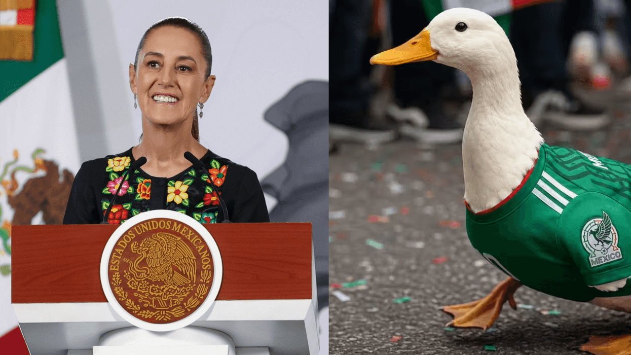 Woman speaks at a podium; duck wears Mexican soccer jersey.