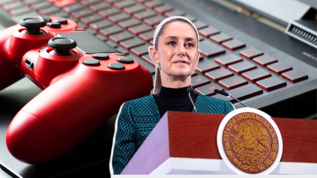 Woman speaks at a podium with a red game controller and keyboard backdrop.