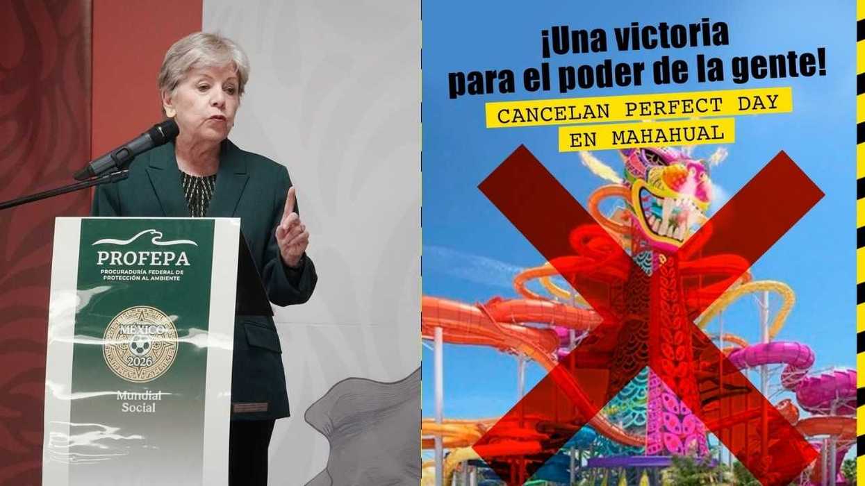 Woman speaks at podium; "Perfect Day" event in Mahahual is canceled, red X over theme park.