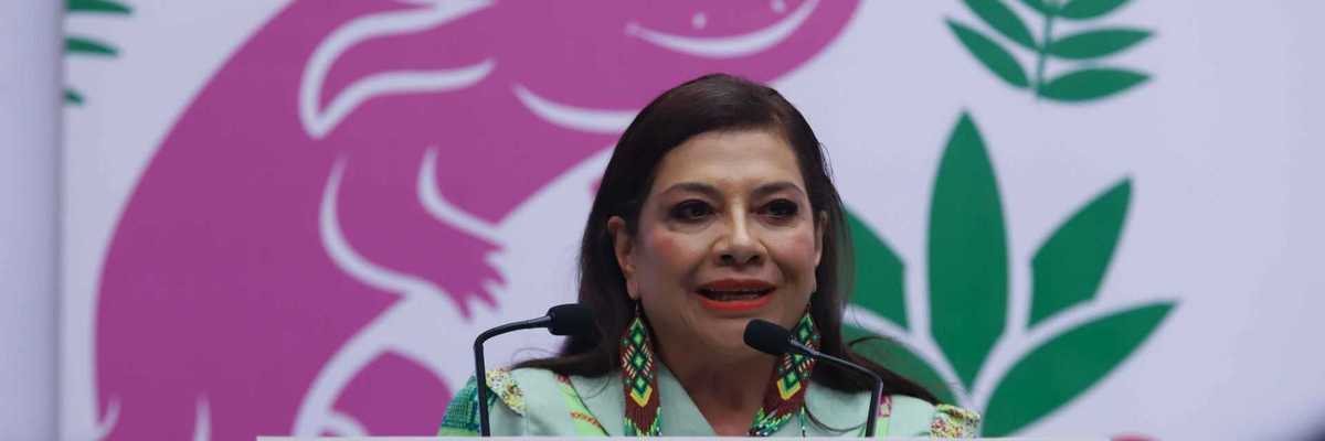 Woman speaks at podium, pink axolotl background, Mexico City 2028 WUF14 banner.
