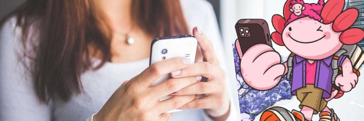 Woman using smartphone next to a cartoon character taking a selfie.