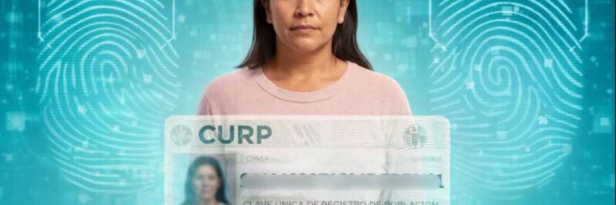 Woman with fingerprint graphics and a digital ID overlay labeled "CURP."