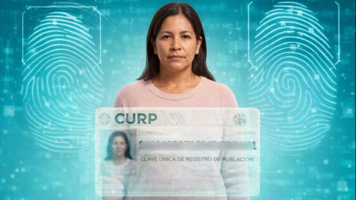 Woman with fingerprint graphics and a digital ID overlay labeled "CURP."