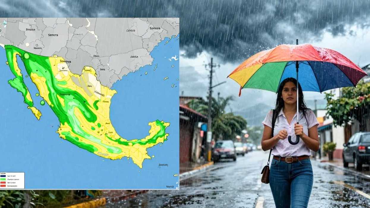 Woman with rainbow umbrella in rain near weather map of Mexico.