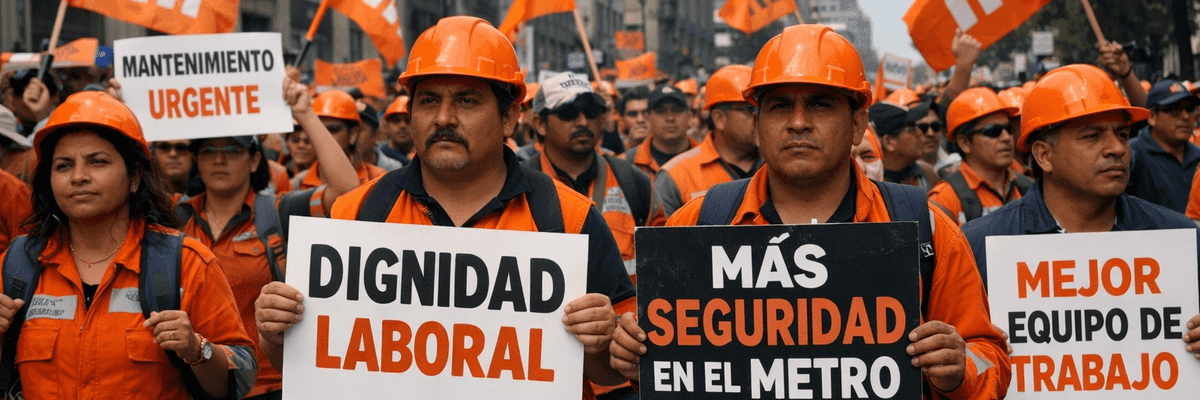 Workers in orange gear protest, holding signs demanding better safety and work conditions.