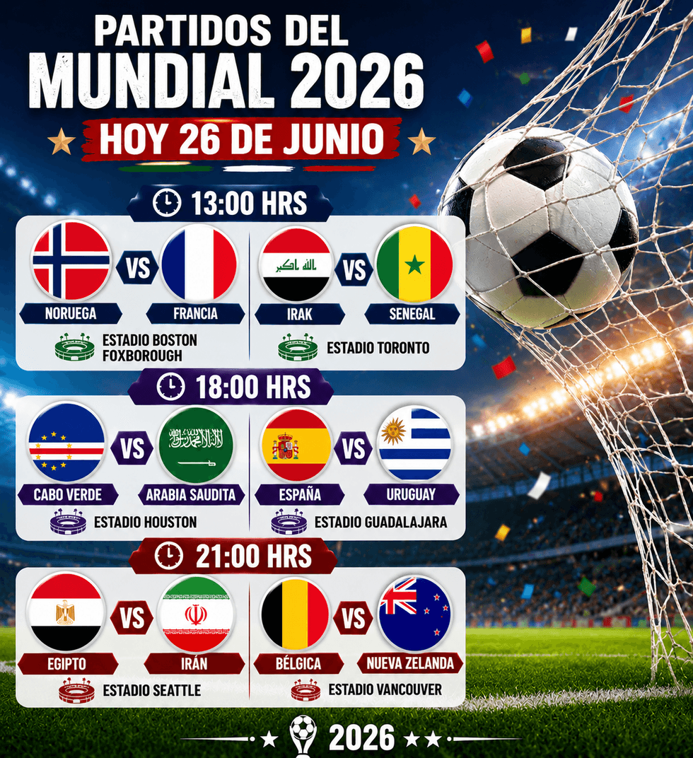 World Cup 2026 matches schedule for June 26, featuring flags and times.