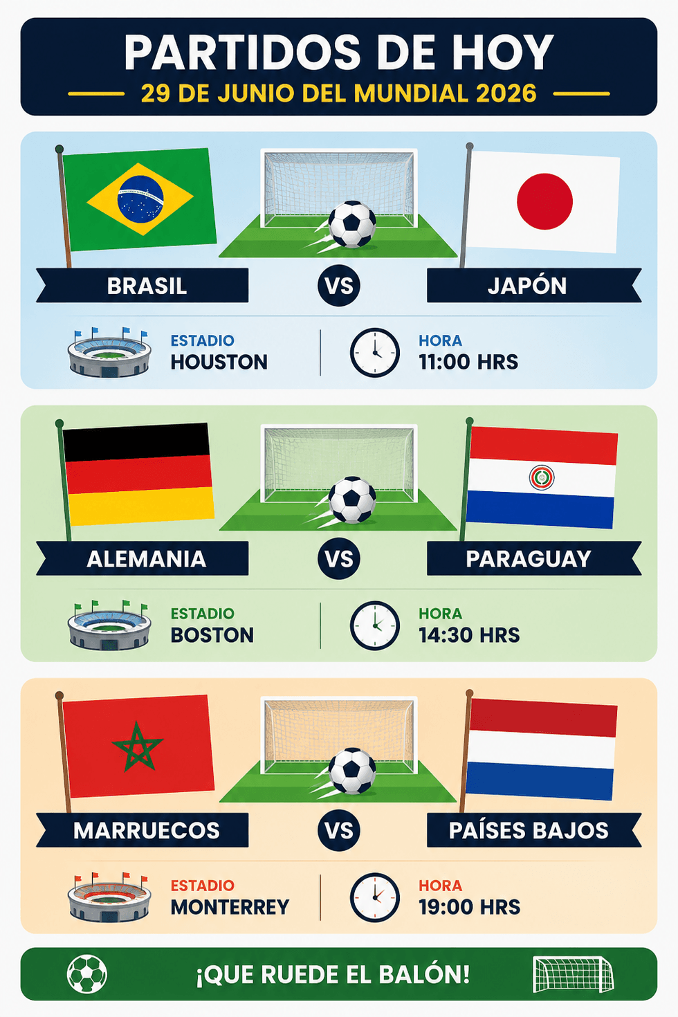 World Cup matches on June 29, 2026: Brazil vs Japan, Germany vs Paraguay, Morocco vs Netherlands.