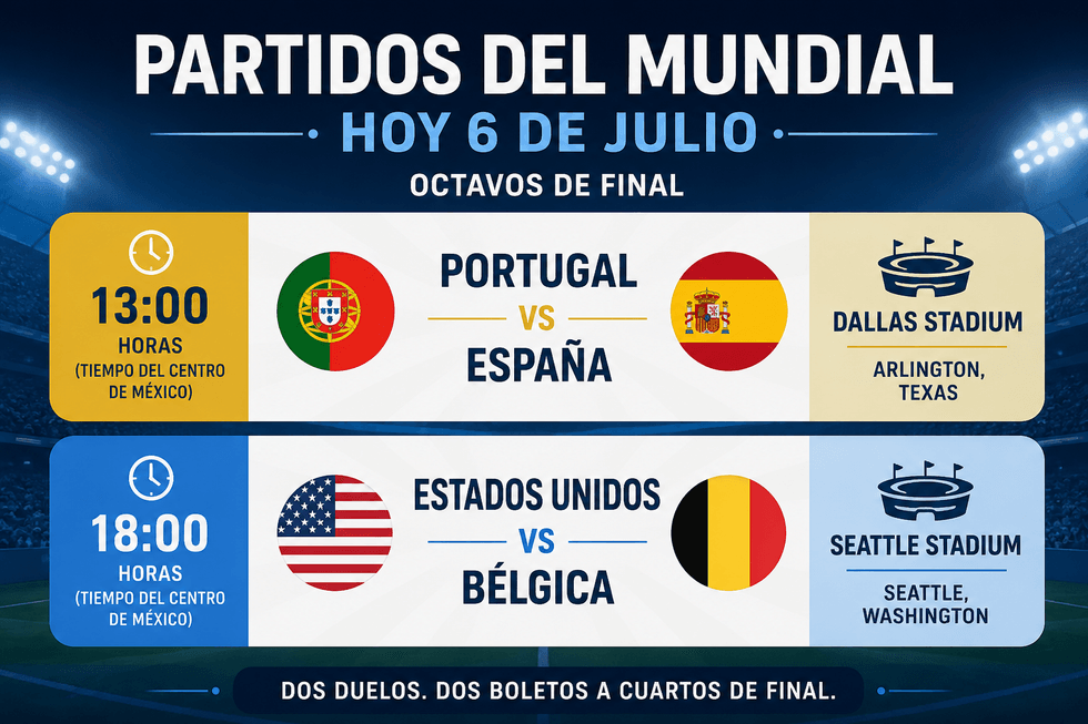 World Cup matches: Portugal vs Spain at 13:00, USA vs Belgium at 18:00, July 6th.